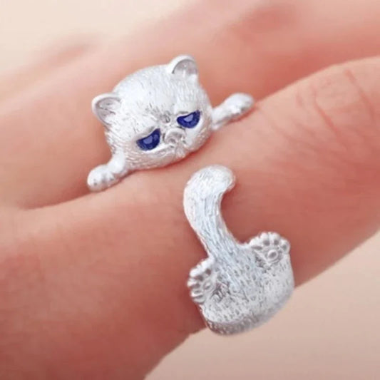 Adjustable 925 Sterling Silver Kitten Ring | White Gold