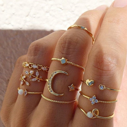 10-Piece Bohemian Ring Set in Silver and Gold